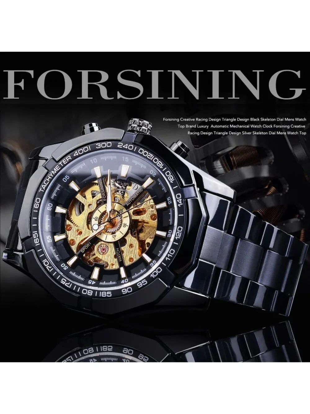 Men's Black Gold Self-Wind Skeleton Hollow Out Mechanical Automatic Luxury Watch